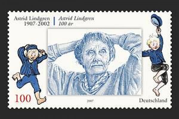 Frimärke Sverige 100 år Astrid Lindgren