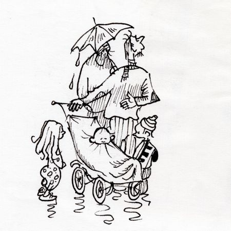 1980tal barn i regn och med barnvagn smågubbar 14