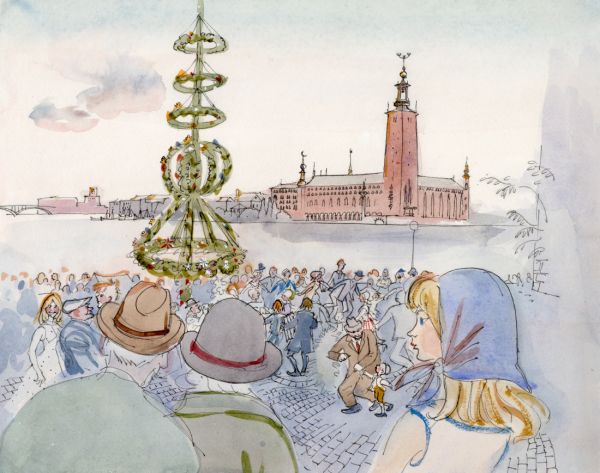 1964 midsommarafton på Riddarholmen med utsikt mot Stadshuset