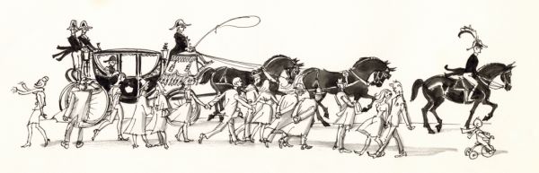 1964 fyra svarta hästar drar. Trehjulingen får pinna på för att hålla jämn fart med ekipaget